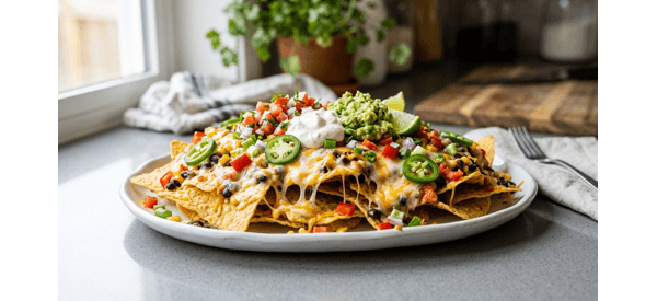 A platter of Cheesy Vegetable Nachos with melted cheese and fresh peppers A platter of Cheesy Vegetable Nachos with melted cheese and fresh peppers