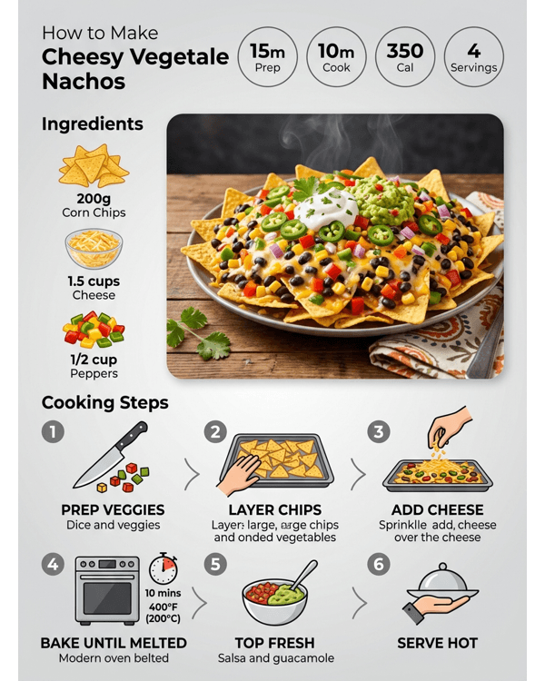 A platter of Cheesy Vegetable Nachos with melted cheese and fresh peppers A platter of Cheesy Vegetable Nachos with melted cheese and fresh peppers