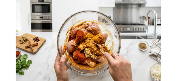 Marinated chicken pieces in a glass bowl with yogurt and spices
