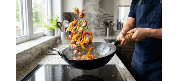 Finished chicken chilli being tossed with peppers and dark sauce in a pan Finished chicken chilli being tossed with peppers and dark sauce in a pan