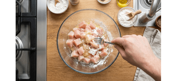 Chicken pieces being coated in a cornflour and egg white batter Chicken pieces being coated in a cornflour and egg white batter