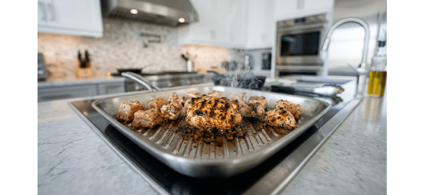 Searing marinated chicken cubes on a hot modern grill pan Searing marinated chicken cubes on a hot modern grill pan