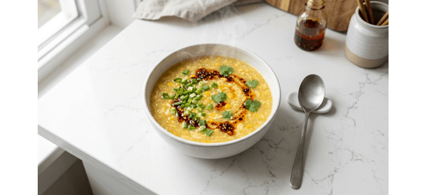 A steaming bowl of creamy Chinese style sweet corn soup with green onion garnish A steaming bowl of creamy Chinese style sweet corn soup with green onion garnish