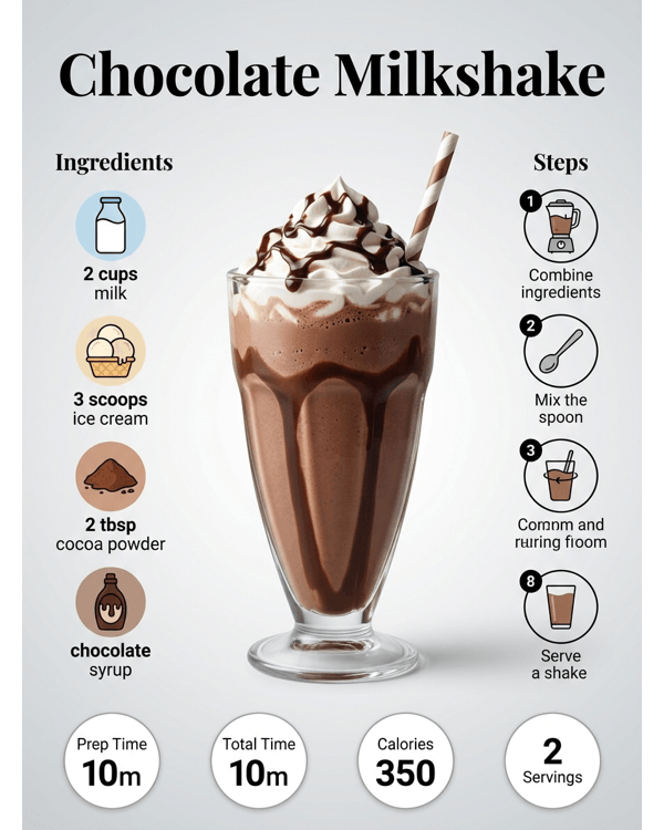 A thick and creamy cafe style chocolate milkshake in a tall glass topped with whipped cream A thick and creamy cafe style chocolate milkshake in a tall glass topped with whipped cream