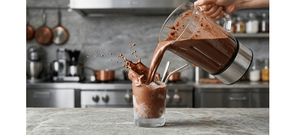 Pouring the thick chocolate shake into a tall glass with a creamy swirl on top Pouring the thick chocolate shake into a tall glass with a creamy swirl on top