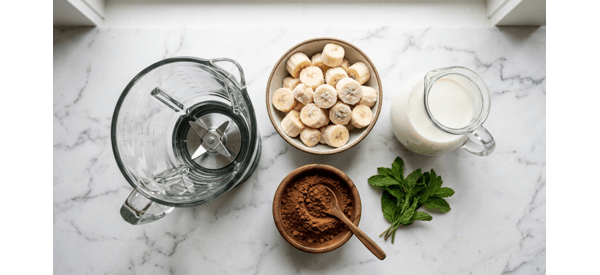 Measuring cocoa powder and pouring chilled milk into a modern blender jar Measuring cocoa powder and pouring chilled milk into a modern blender jar