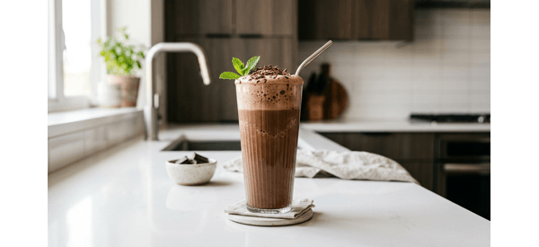 A thick and creamy chocolate shake in a tall glass topped with chocolate shavings A thick and creamy chocolate shake in a tall glass topped with chocolate shavings