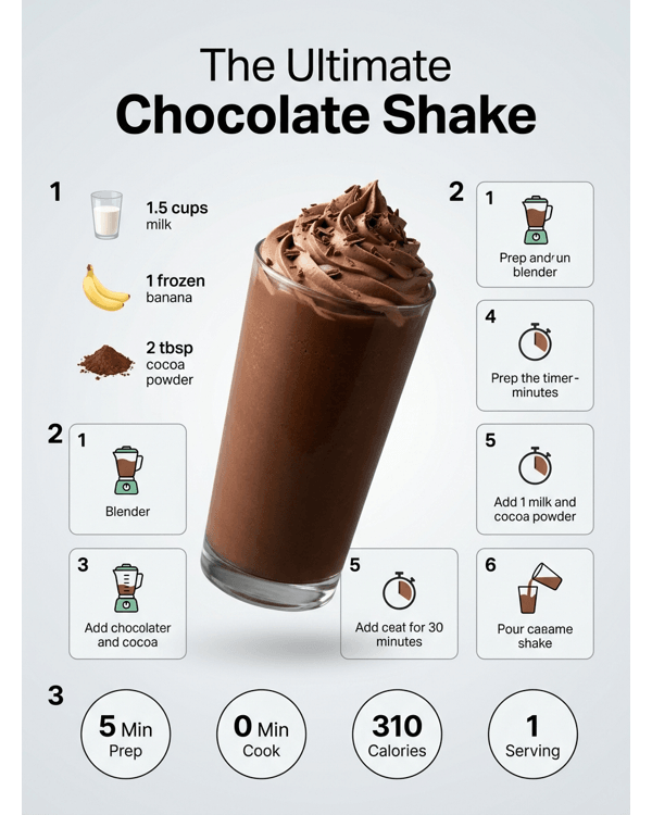 A thick and creamy chocolate shake in a tall glass topped with chocolate shavings A thick and creamy chocolate shake in a tall glass topped with chocolate shavings