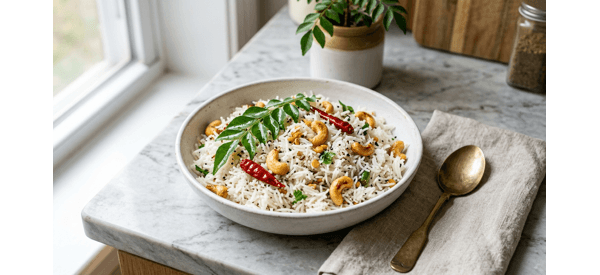 A beautiful bowl of South Indian coconut rice garnished with curry leaves and cashews A beautiful bowl of South Indian coconut rice garnished with curry leaves and cashews