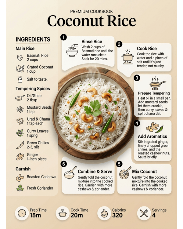 A beautiful bowl of South Indian coconut rice garnished with curry leaves and cashews A beautiful bowl of South Indian coconut rice garnished with curry leaves and cashews
