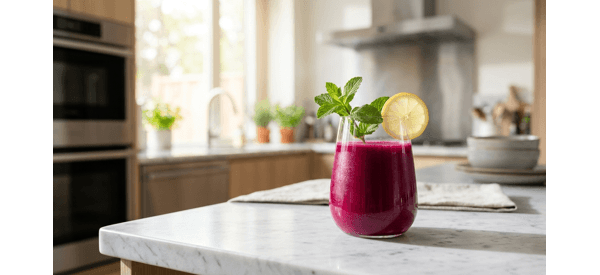 A tall glass of deep red cold pressed beetroot juice on a marble counter A tall glass of deep red cold pressed beetroot juice on a marble counter