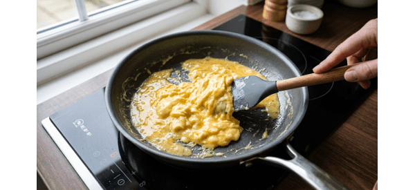 Soft scrambled egg curds being folded in a pan with a silicone spatula