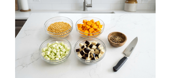 Adding freshly chopped vegetables to the boiling lentils in a modern steel pot Adding freshly chopped vegetables to the boiling lentils in a modern steel pot