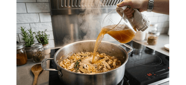 Ladleing hot Thukpa broth over noodles in a modern ceramic bowl Ladleing hot Thukpa broth over noodles in a modern ceramic bowl