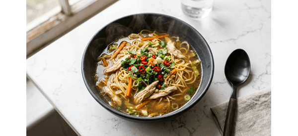 A steaming bowl of Darjeeling Style Thukpa with chicken and fresh greens A steaming bowl of Darjeeling Style Thukpa with chicken and fresh greens