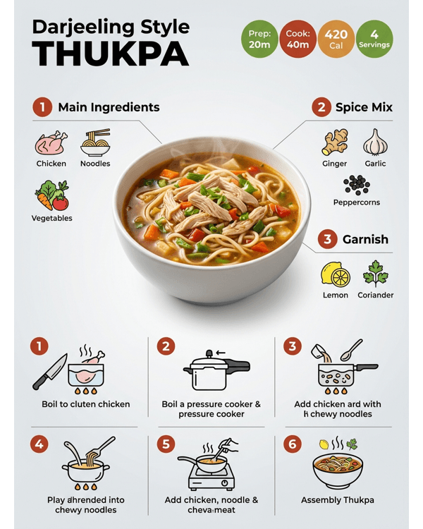 A steaming bowl of Darjeeling Style Thukpa with chicken and fresh greens A steaming bowl of Darjeeling Style Thukpa with chicken and fresh greens