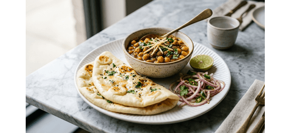 Authentic Delhi street style Chole Kulche served on a modern white plate with onions and lime Authentic Delhi street style Chole Kulche served on a modern white plate with onions and lime