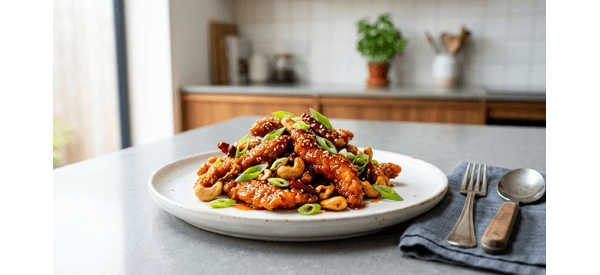 Restaurant style Dragon Chicken served on a clean white plate with spring onions