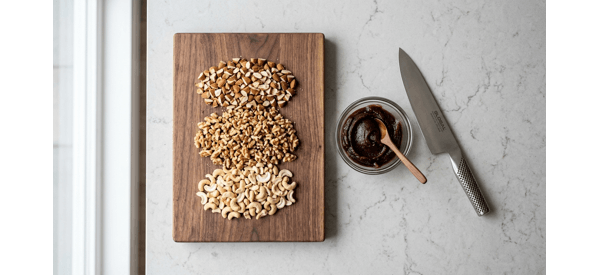 Chopped almonds, cashews, and walnuts arranged neatly on a modern white countertop Chopped almonds, cashews, and walnuts arranged neatly on a modern white countertop