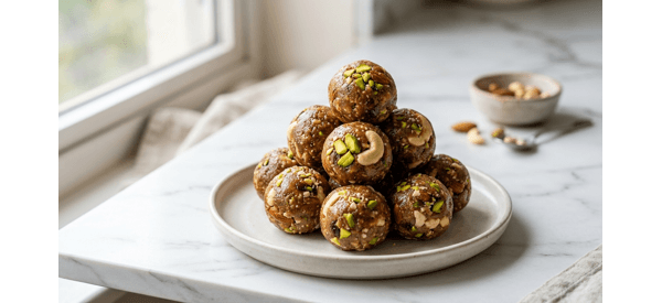 A platter of glossy brown dry fruit laddus garnished with green pistachios on a marble surface A platter of glossy brown dry fruit laddus garnished with green pistachios on a marble surface