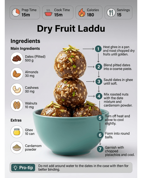 A platter of glossy brown dry fruit laddus garnished with green pistachios on a marble surface A platter of glossy brown dry fruit laddus garnished with green pistachios on a marble surface