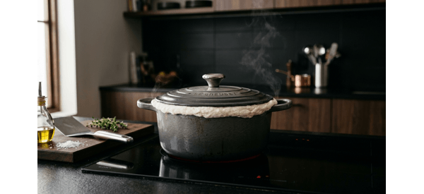 A heavy pot sealed with dough on a modern stove being cooked on low flame