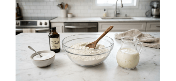 Mixing the liquid ingredients into the dry flour base for pancake batter Mixing the liquid ingredients into the dry flour base for pancake batter