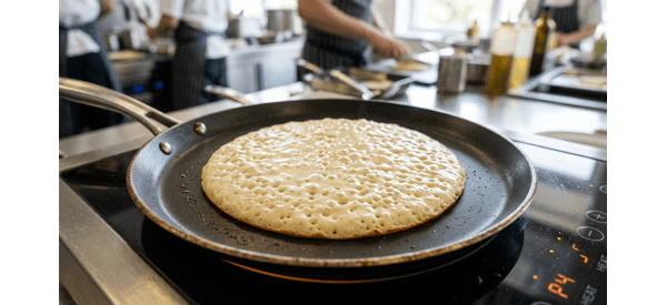 Eggless pancake browning to a golden color on a modern non-stick pan Eggless pancake browning to a golden color on a modern non-stick pan