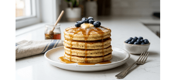 A tall stack of fluffy eggless pancakes topped with butter and maple syrup A tall stack of fluffy eggless pancakes topped with butter and maple syrup