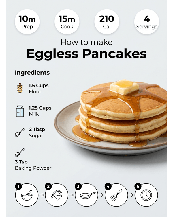 A tall stack of fluffy eggless pancakes topped with butter and maple syrup A tall stack of fluffy eggless pancakes topped with butter and maple syrup