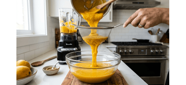 A silver bowl of chilled aamras with saffron on top A silver bowl of chilled aamras with saffron on top