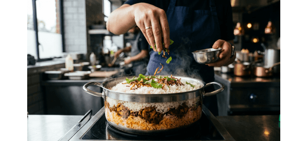 Steam rising from a fresh pot of Andhra Style Paneer Biryani Steam rising from a fresh pot of Andhra Style Paneer Biryani