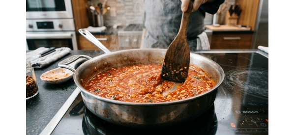 Plated Indian style Arrabiata pasta with cheese and basil garnish