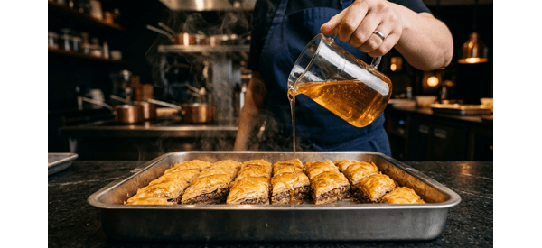 Golden baklava pieces being soaked in clear honey syrup in a metal pan