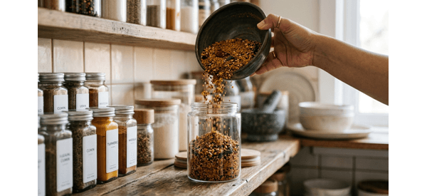 Coarsely ground idli podi in a glass jar showing the vibrant red and golden texture