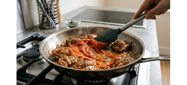 A steaming bowl of Kadai Chicken garnished with coriander and ginger on a marble countertop