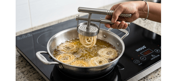 Golden brown murukku being lifted out of a frying pan with a slotted spoon Golden brown murukku being lifted out of a frying pan with a slotted spoon