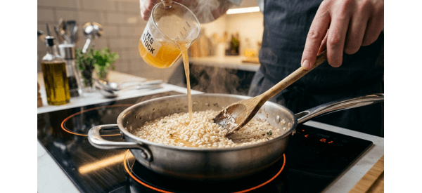 A final plated serving of creamy risotto garnished with herbs