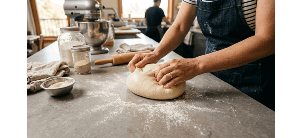 A perfectly baked golden brown sandwich bread loaf sliced on a modern marble board.