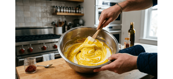 Final bowl of garnished shrikhand on a modern kitchen counter
