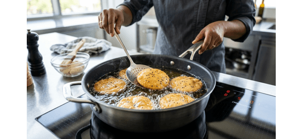 Golden brown fried mathri cooling on a wire rack in a modern kitchen