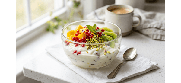 A colorful bowl of fresh fruit cream garnished with nuts and pomegranate A colorful bowl of fresh fruit cream garnished with nuts and pomegranate