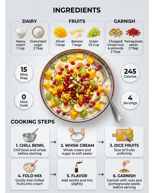A colorful bowl of fresh fruit cream garnished with nuts and pomegranate A colorful bowl of fresh fruit cream garnished with nuts and pomegranate