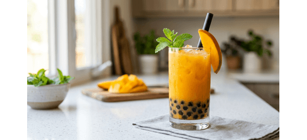 A vibrant glass of fruity bubble tea with fresh mango and chewy pearls on a marble counter A vibrant glass of fruity bubble tea with fresh mango and chewy pearls on a marble counter
