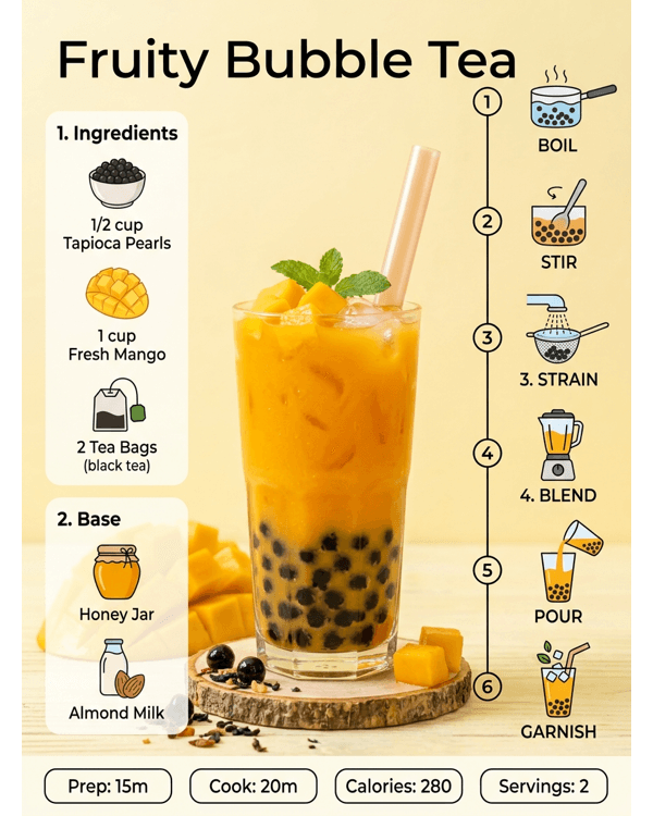 A vibrant glass of fruity bubble tea with fresh mango and chewy pearls on a marble counter A vibrant glass of fruity bubble tea with fresh mango and chewy pearls on a marble counter