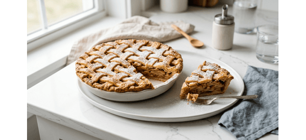 A beautiful slice of German style apple pie served on a white plate for breakfast