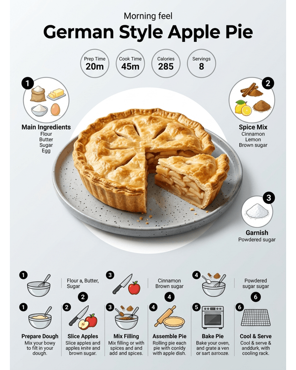 A beautiful slice of German style apple pie served on a white plate for breakfast