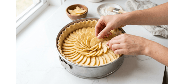 A golden brown German apple pie fresh out of the oven on a marble counter