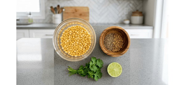 Soaked yellow peas and roasted spice powder on a marble counter