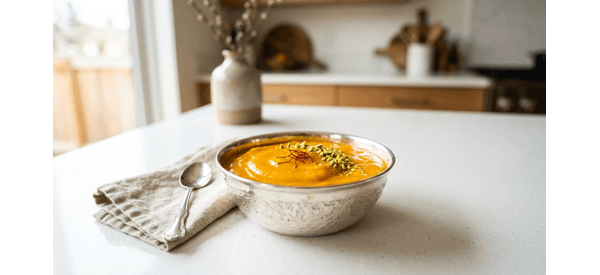 A bowl of thick golden Aamras garnished with saffron and nuts A bowl of thick golden Aamras garnished with saffron and nuts